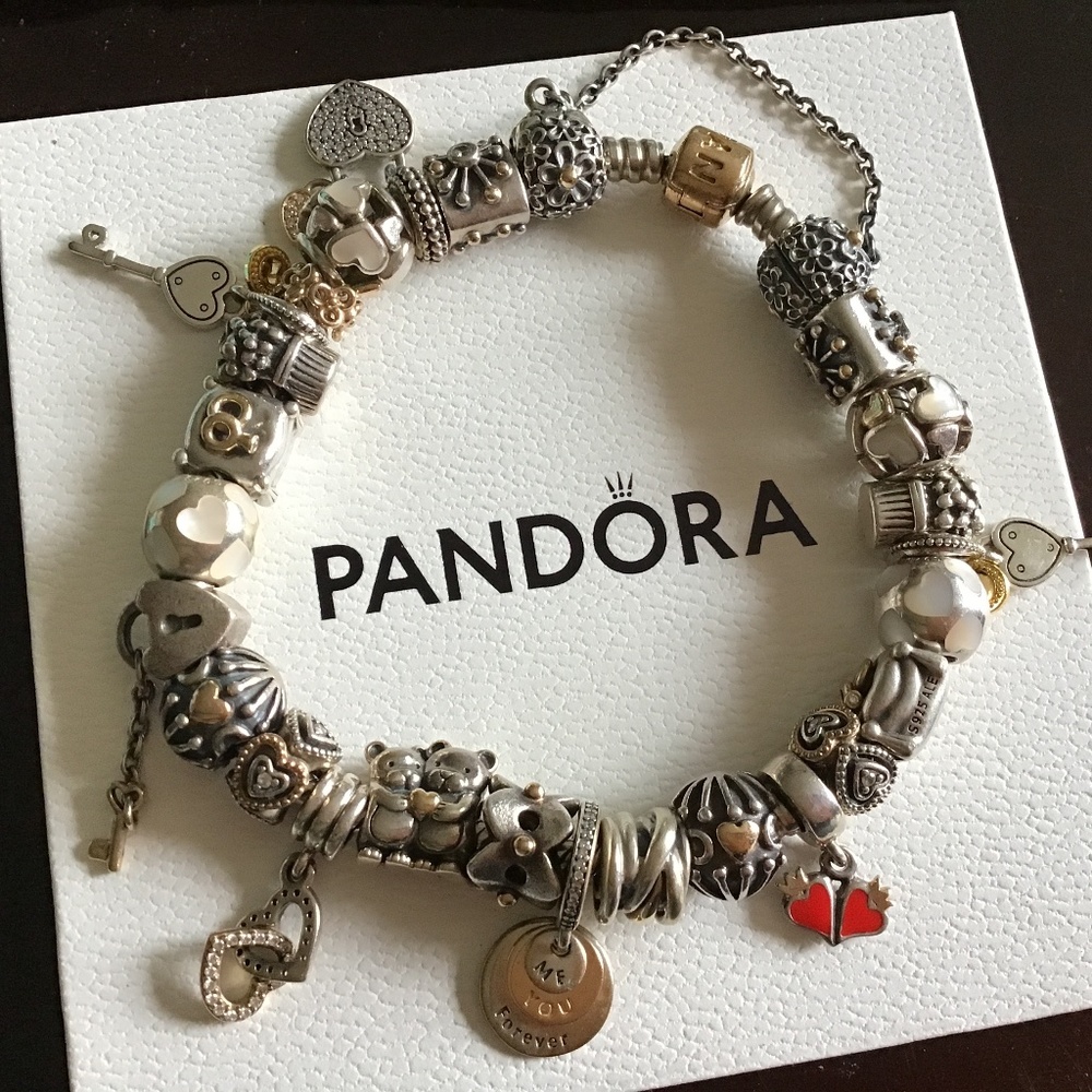 Pandora silver and gold bracelet and charms